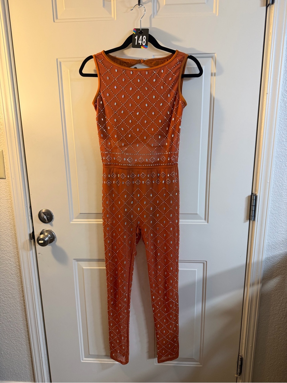 Rhinestone Mesh Burnt Orange Jumpsuit Open Back Medium